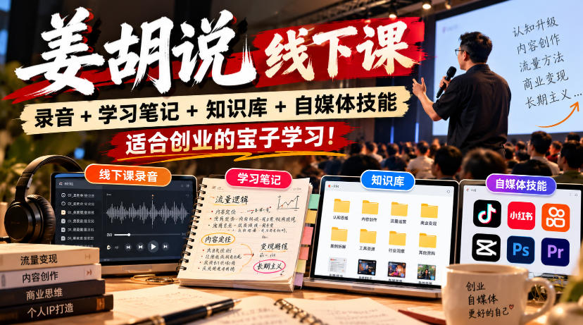 姜胡说线下课录音＋学习笔记＋知识库＋自媒体技能，​适合创业的宝子学习！网创吧-网创项目资源站-副业项目-创业项目-搞钱项目网创吧