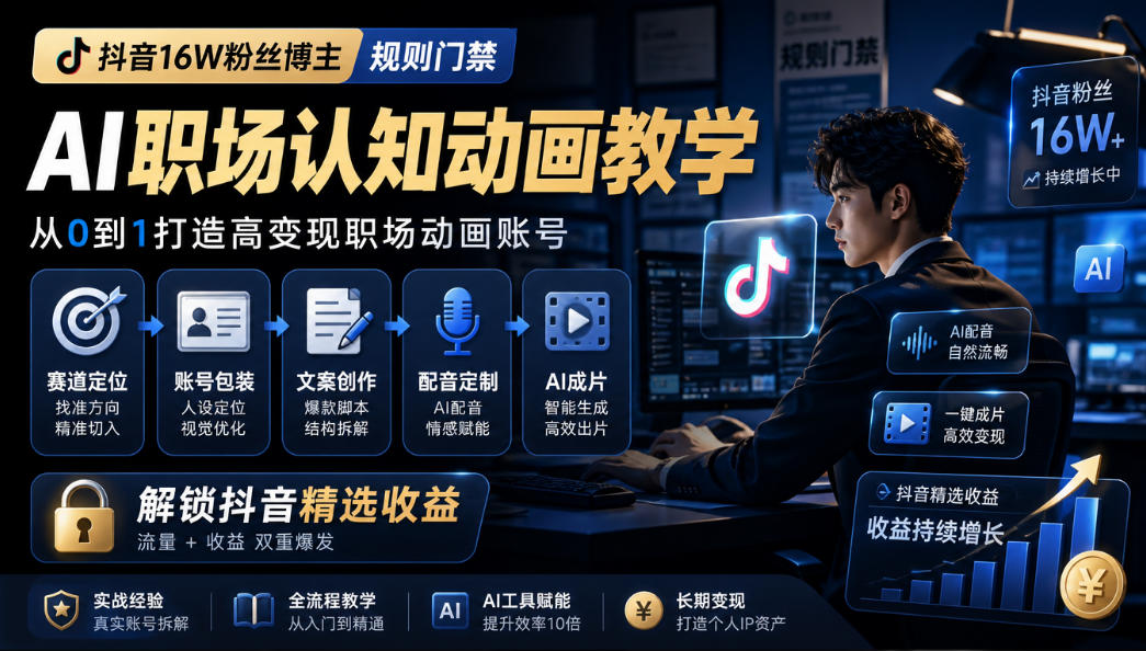 抖音16W粉丝博主规则门禁的AI职场认知动画教学,从赛道定位、账号包装,到文案创作、配音定制、AI成片,解锁抖音精选收益网创吧-网创项目资源站-副业项目-创业项目-搞钱项目网创吧