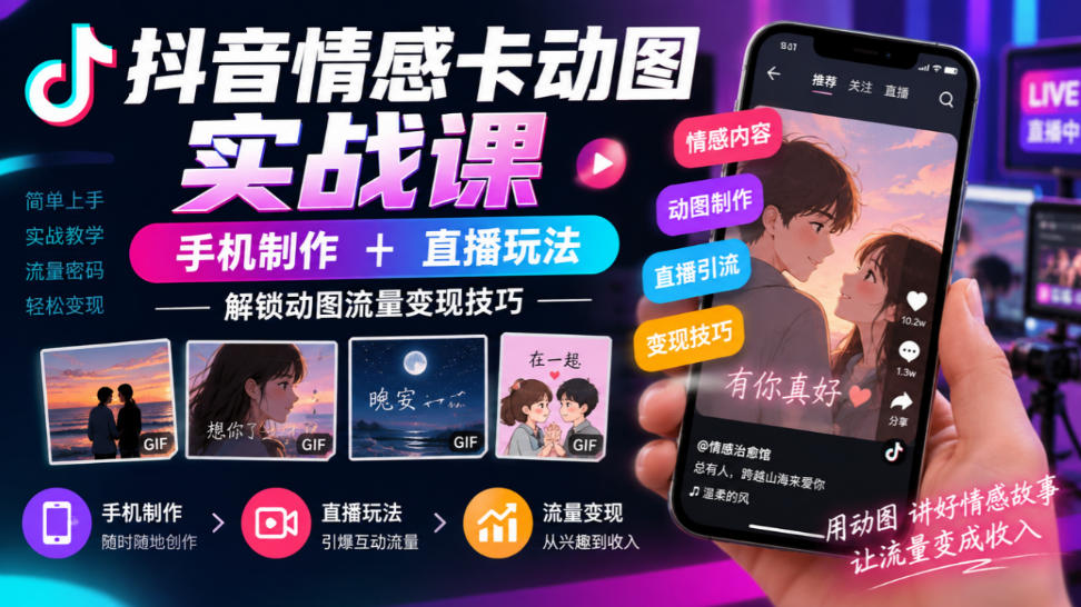 抖音情感卡动图实战课|手机制作+直播玩法,解锁动图流量变现技巧网创吧-网创项目资源站-副业项目-创业项目-搞钱项目网创吧