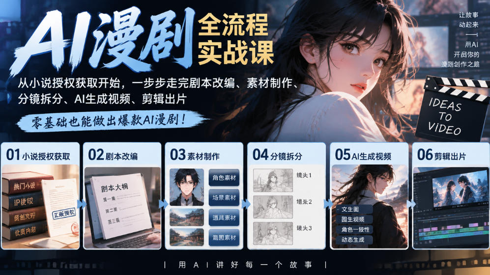 AI漫剧全流程实战课|从小说授权获取开始,一步步走完剧本改编、素材制作、分镜拆分、AI生成视频、剪辑出片全流程网创吧-网创项目资源站-副业项目-创业项目-搞钱项目网创吧