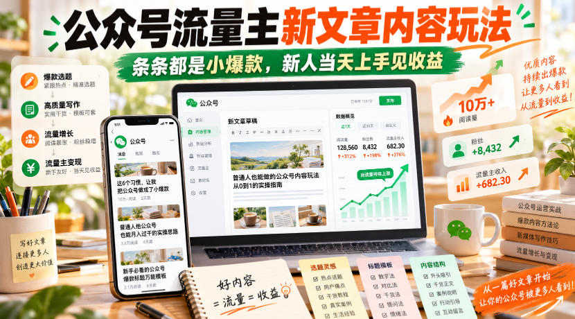 公众号流量主新文章内容玩法，条条都是小爆款，新人当天上手见收益网创吧-网创项目资源站-副业项目-创业项目-搞钱项目网创吧