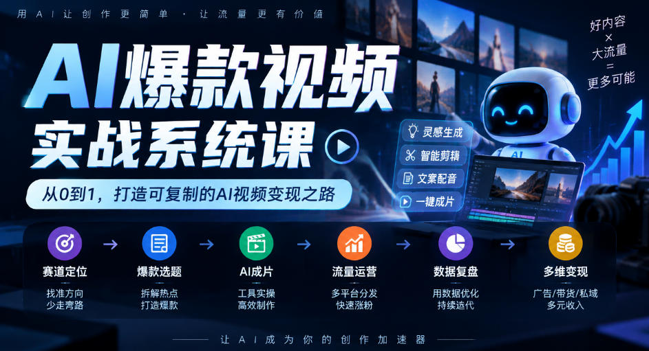 AI爆款视频实战系统课｜赛道定位、爆款选题、AI成片、流量运营、数据复盘、多维变现全链路教学网创吧-网创项目资源站-副业项目-创业项目-搞钱项目网创吧