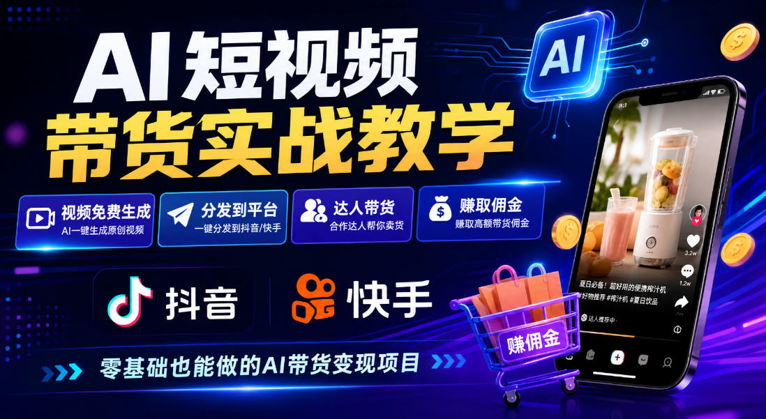 AI短视频带货实战教学,视频免费生成,分发到抖音快手平台,达人带货賺佣金网创吧-网创项目资源站-副业项目-创业项目-搞钱项目网创吧