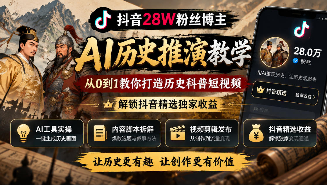 抖音28W粉丝博主的AI历史推演教学，从0到1教你打造历史科普短视频，解锁抖音精选独家收益网创吧-网创项目资源站-副业项目-创业项目-搞钱项目网创吧