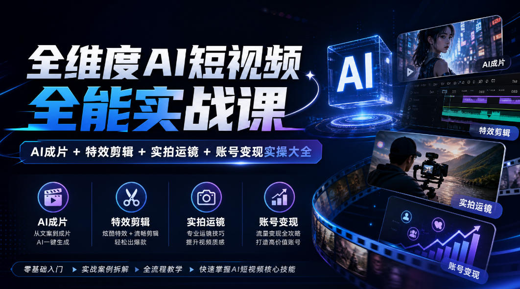 全维度AI短视频全能实战课,AI成片+特效剪辑+实拍运镜+账号变现实操大全网创吧-网创项目资源站-副业项目-创业项目-搞钱项目网创吧