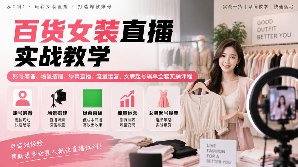 百货女装直播实战教学|账号筹备、场景搭建、绿幕直播、流量运营、女装起号爆单全套实操课程网创吧-网创项目资源站-副业项目-创业项目-搞钱项目网创吧