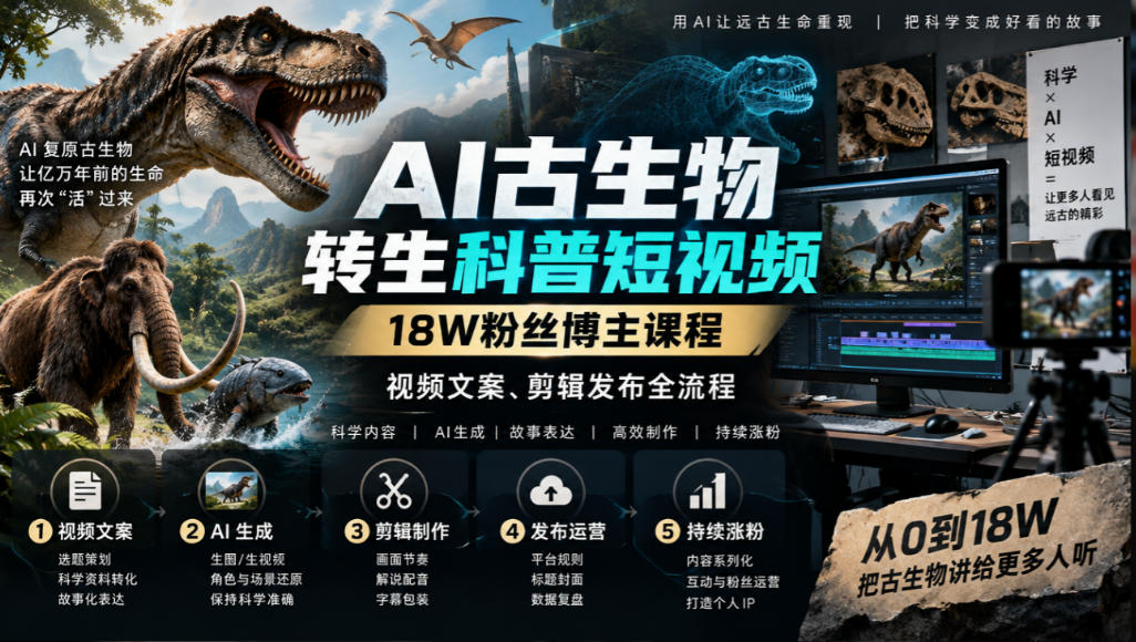 AI古生物转生科普短视频，18W粉丝博主课程，视频文案、剪辑发布全流程网创吧-网创项目资源站-副业项目-创业项目-搞钱项目网创吧
