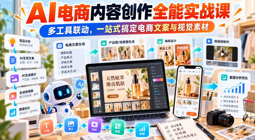 【无水印】AI电商内容创作全能实战课｜多工具联动，一站式搞定电商文案与视觉素材网创吧-网创项目资源站-副业项目-创业项目-搞钱项目网创吧