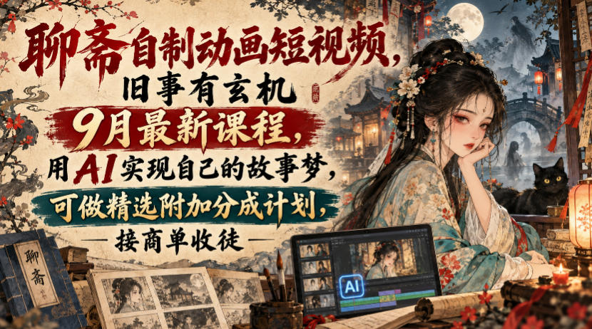 聊斋自制动画短视频，旧事有玄机9月最新课程，用AI实现自己的故事梦，可做精选附加分成计划，接商单收徒网创吧-网创项目资源站-副业项目-创业项目-搞钱项目网创吧