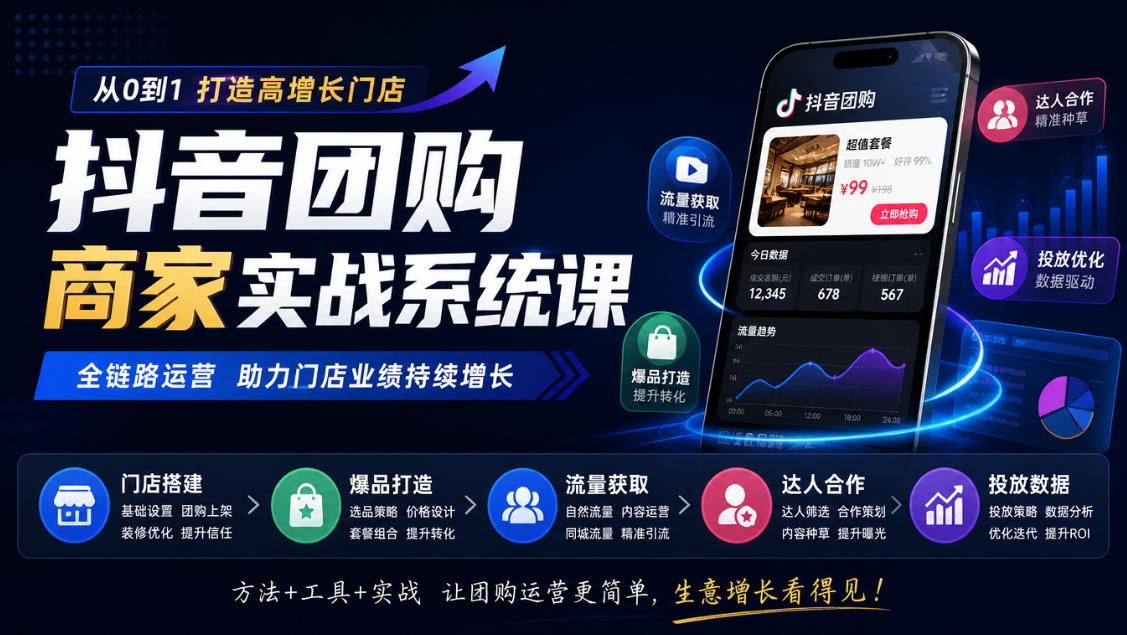 抖音团购商家实战系统课｜门店搭建、爆品打造、流量获取、达人合作、投放数据全链路运营网创吧-网创项目资源站-副业项目-创业项目-搞钱项目网创吧