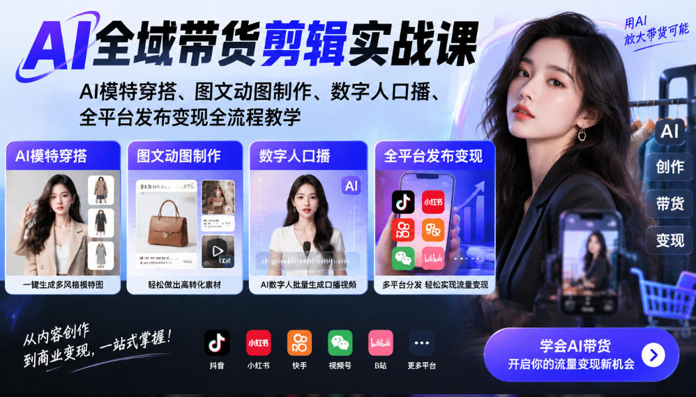 AI全域带货剪辑实战课|AI模特穿搭、图文动图制作、数字人口播、全平台发布变现全流程教学网创吧-网创项目资源站-副业项目-创业项目-搞钱项目网创吧
