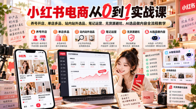 小红书电商从0到1实战课｜养号开店、单店多品、站内站外选品、笔记运营、无货源避坑、AI选品做内容全流程教学网创吧-网创项目资源站-副业项目-创业项目-搞钱项目网创吧