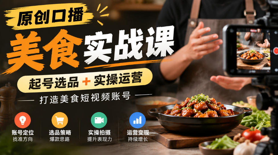 原创口播美食实战课，起号选品+实操运营，打造美食短视频账号网创吧-网创项目资源站-副业项目-创业项目-搞钱项目网创吧