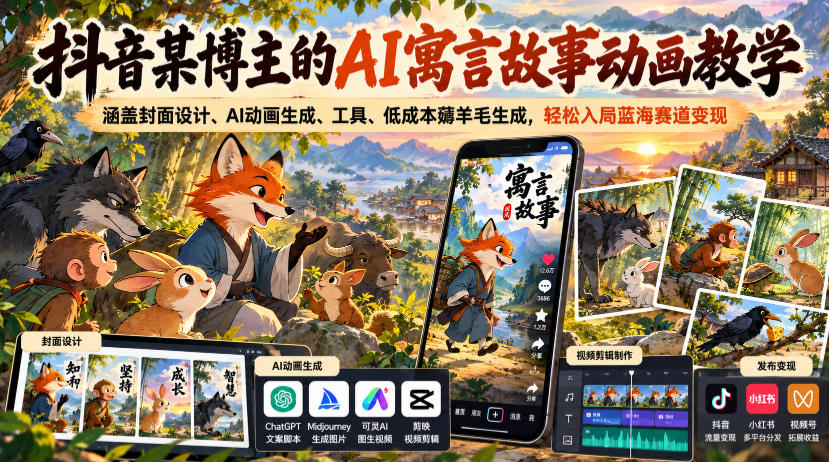 抖音某博主的AI寓言故事动画教学,涵盖封面设计、AI动画生成、工具、低成本薅羊毛生成,轻松入局蓝海赛道变现网创吧-网创项目资源站-副业项目-创业项目-搞钱项目网创吧