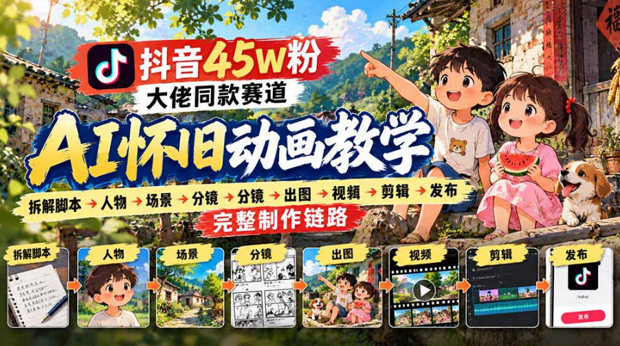 抖音45W粉大佬同款赛道AI怀旧动画实战课：拆解脚本→人物→场景→分镜→出图→视频→剪辑→发布完整制作链路网创吧-网创项目资源站-副业项目-创业项目-搞钱项目网创吧