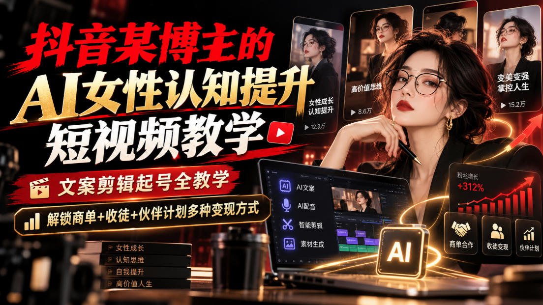 抖音某博主的Ai女性认知提升短视频教学,文案剪辑起号全教学,解锁商单+收徒+伙伴计划多种变现方式网创吧-网创项目资源站-副业项目-创业项目-搞钱项目网创吧