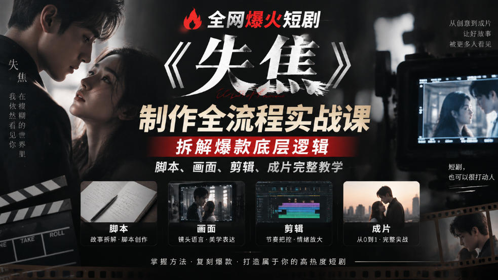 全网爆火短剧《失焦》制作全流程实战课|拆解爆款底层逻辑,脚本、画面、剪辑、成片完整教学网创吧-网创项目资源站-副业项目-创业项目-搞钱项目网创吧