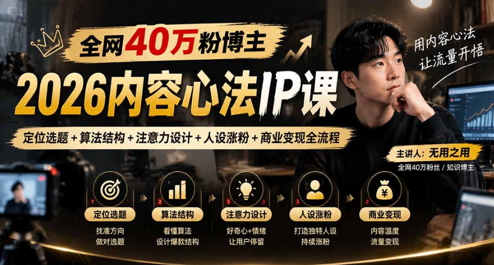 【无水印】全网40W粉博主的2026内容心法IP课,定位选题+算法结构+注意力设计+人设涨粉+商业变现全流程网创吧-网创项目资源站-副业项目-创业项目-搞钱项目网创吧