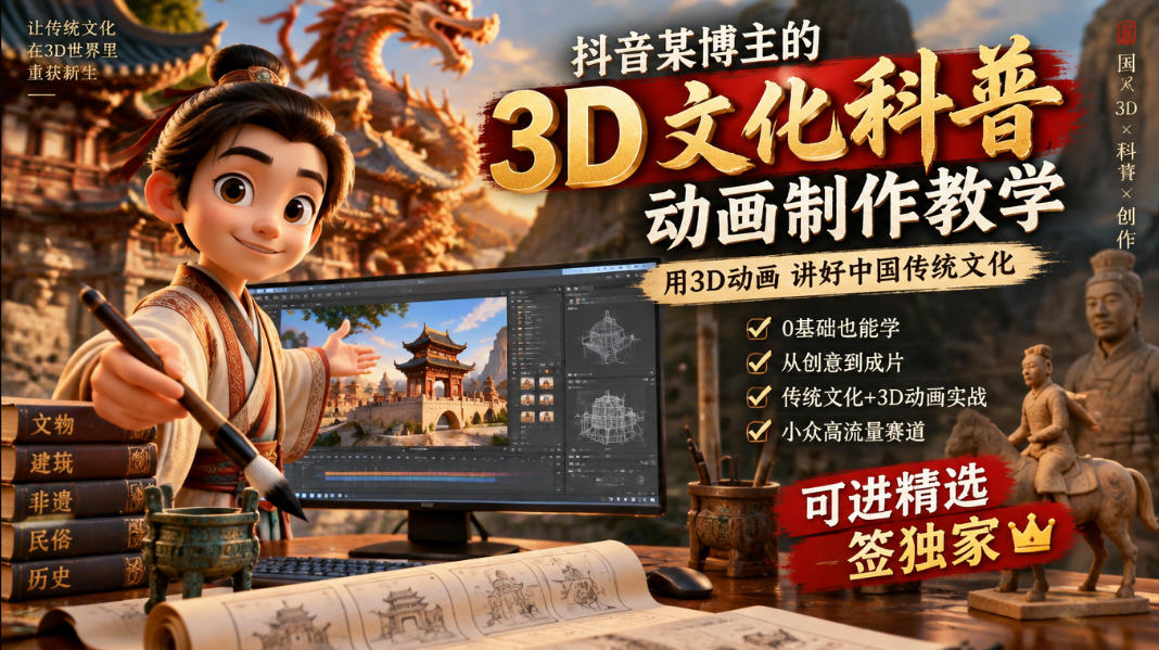 抖音某博主的3D文化科普动画制作教学,用3D动画呈现中国传统文化,可进精选签独家,单日收益1k+网创吧-网创项目资源站-副业项目-创业项目-搞钱项目网创吧