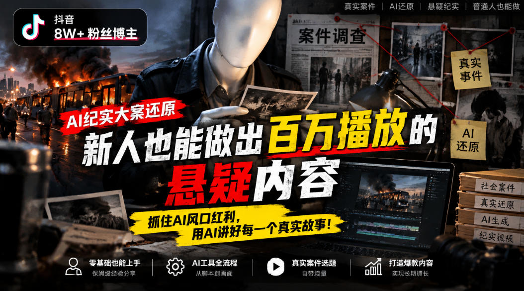 抖音8W粉丝博主的AI纪实大案还原教学,新人也能做出百W播放的悬疑内容,抓住AI风口红利,用AI讲好每一个真实故事网创吧-网创项目资源站-副业项目-创业项目-搞钱项目网创吧
