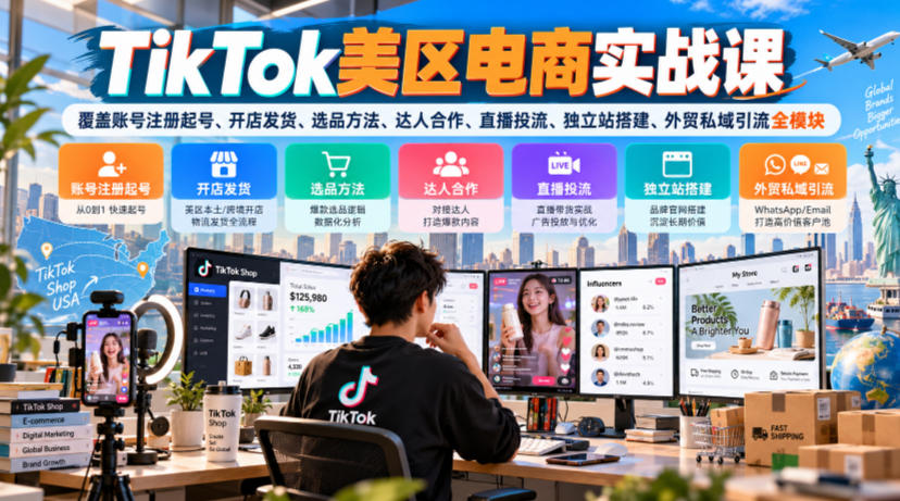 TikTok美区电商实战课，覆盖账号注册起号、开店发货、选品方法、达人合作、直播投流、独立站搭建、外贸私域引流全模块网创吧-网创项目资源站-副业项目-创业项目-搞钱项目网创吧