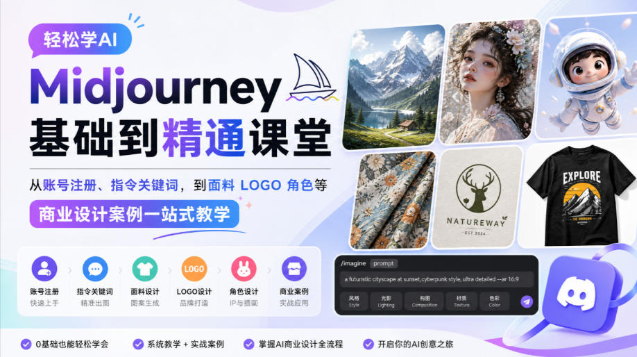 轻松学AI Midjourney基础到精通课堂，从账号注册、指令关键词，到面料LOGO角色等商业设计案例一站式教学网创吧-网创项目资源站-副业项目-创业项目-搞钱项目网创吧