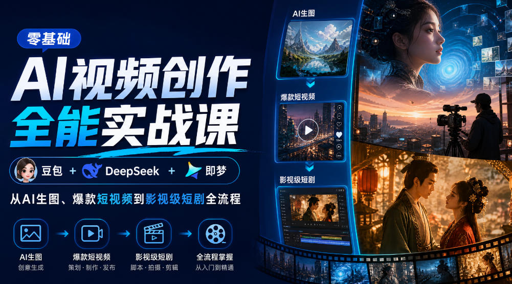 零基础AI视频创作全能实战课｜豆包+DeepSeek+即梦，从AI生图、爆款短视频到影视级短剧全流程网创吧-网创项目资源站-副业项目-创业项目-搞钱项目网创吧