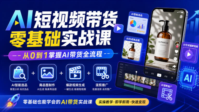 AI短视频带货零基础实战课｜AI智能选品+商品图制作+爆款视频生成+混剪推广，从0到1掌握AI带货全流程网创吧-网创项目资源站-副业项目-创业项目-搞钱项目网创吧