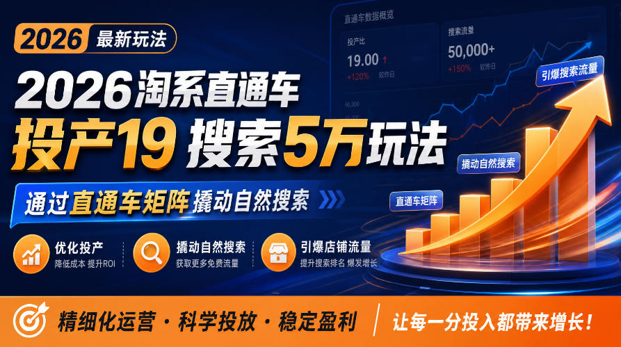 2026淘系直通车投产19搜索5万玩法,通过直通车矩阵撬动自然搜索,帮助商家优化投产,引爆店铺搜索流量网创吧-网创项目资源站-副业项目-创业项目-搞钱项目网创吧