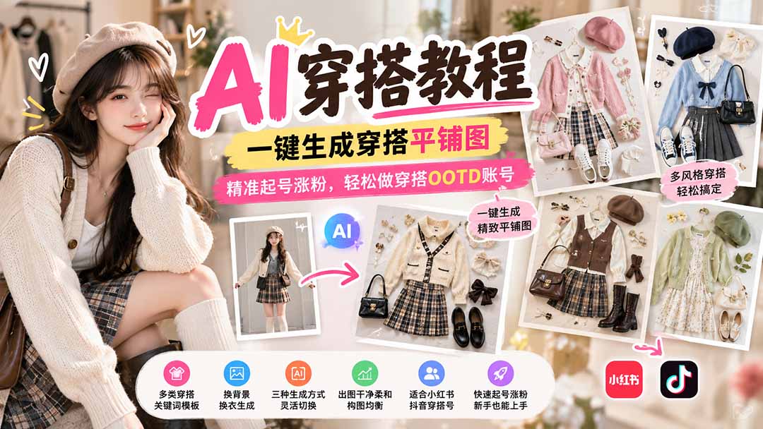 （21134期）【无水印】AI穿搭教程｜一键生成穿搭平铺图，精准起号涨粉，轻松做穿搭OOTD账号网创吧-网创项目资源站-副业项目-创业项目-搞钱项目网创吧