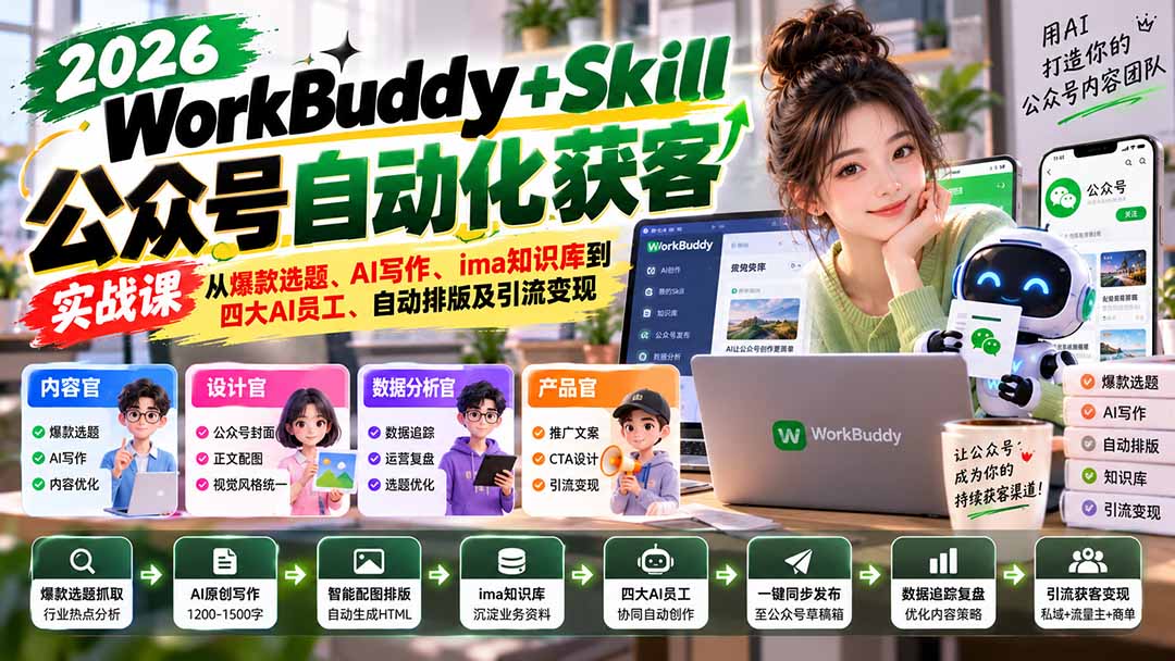 （21023期）WorkBuddy + Skill公众号自动化获客实战课：从爆款选题、AI写作、ima知识库到四大AI员工、自动排版及引流变现网创吧-网创项目资源站-副业项目-创业项目-搞钱项目网创吧