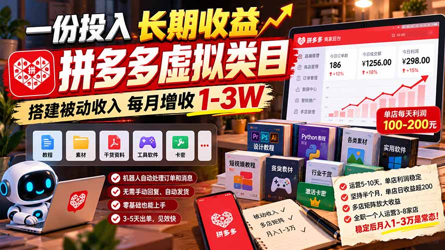 (21166期)一份投入长期收益,拼多多虚拟类目,搭建被动收入每月增收 1-3W网创吧-网创项目资源站-副业项目-创业项目-搞钱项目网创吧