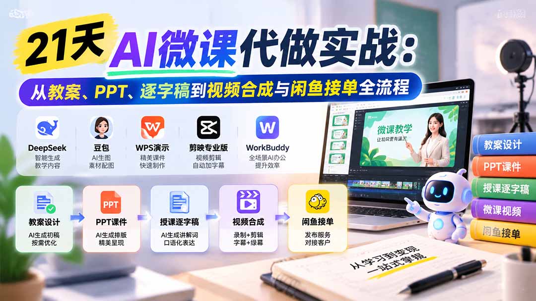 (21065期)21天AI微课代做实战:从教案、PPT、逐字稿到视频合成与闲鱼接单全流程