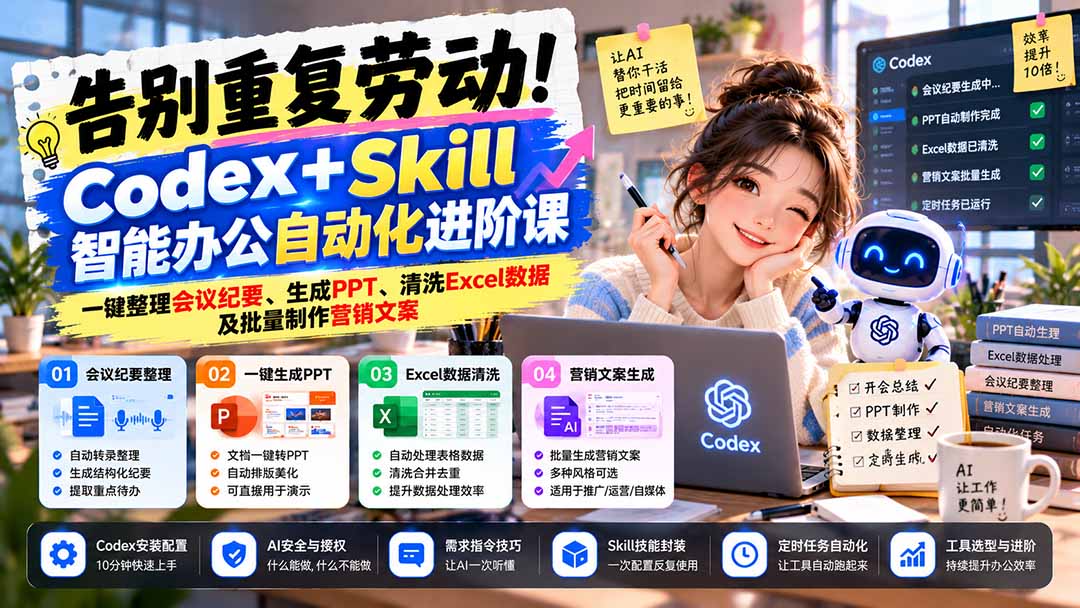 （21001期）告别重复劳动！Codex+Skill智能办公自动化进阶课：一键整理会议纪要、生成PPT、清洗Excel数据及批量制作营销文案网创吧-网创项目资源站-副业项目-创业项目-搞钱项目网创吧