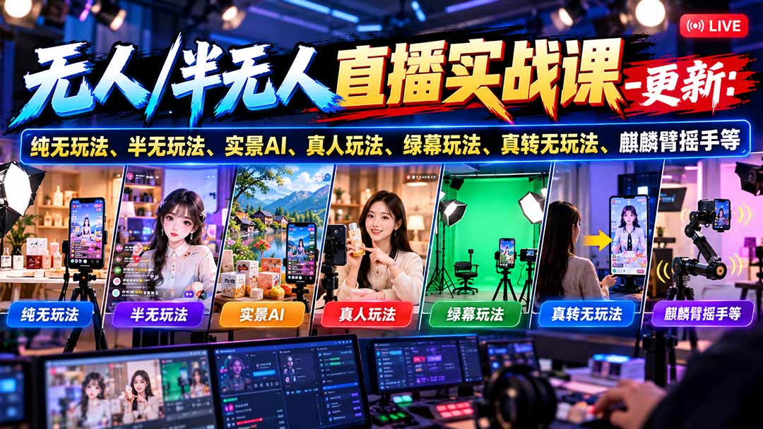 （21072期）无人/半无人直播实战课-10月20更新：纯无玩法、半无玩法、实景AI、真人玩法、绿幕玩法、真转无玩法、麒麟臂摇手等网创吧-网创项目资源站-副业项目-创业项目-搞钱项目网创吧