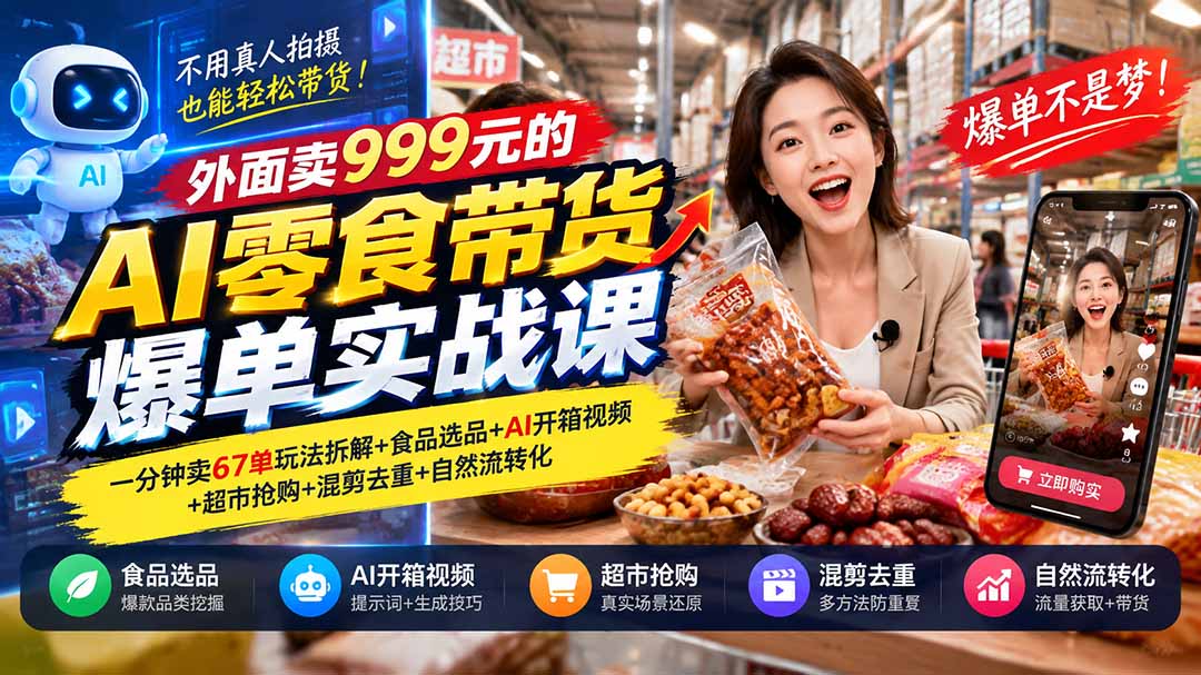 (20994期)外面卖999元的AI零食带货爆单实战课|一分钟卖67单玩法拆解+食品选品+AI开箱视频+超市抢购+混剪去重+自然流转化