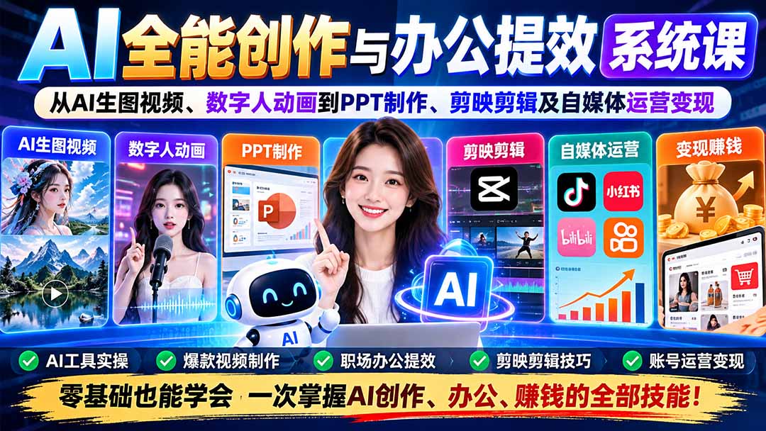 (20885期)AI全能创作与办公提效系统课:从AI生图视频、数字人动画到PPT制作、剪映剪辑及自媒体运营变现网创吧-网创项目资源站-副业项目-创业项目-搞钱项目网创吧