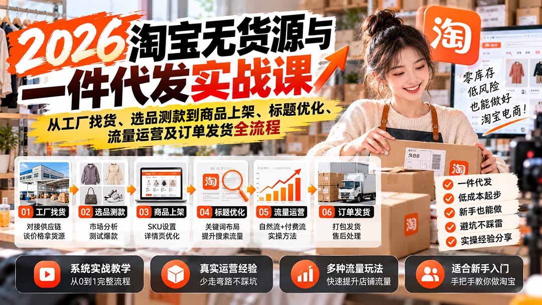 (20903期)2026淘宝无货源与一件代发实战课:从工厂找货、选品测款到商品上架、标题优化、流量运营及订单发货全流程网创吧-网创项目资源站-副业项目-创业项目-搞钱项目网创吧