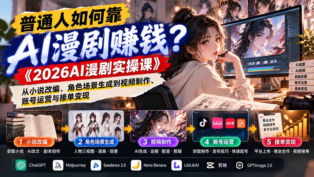 (21173期)普通人如何靠AI漫剧赚钱?《2026AI漫剧实操课》从小说改编、角色场景生成到视频制作、账号运营与接单变现