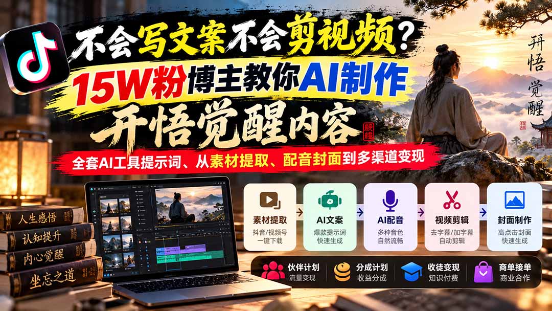 (21085期)不会写文案不会剪视频?15W粉博主教你AI制作开悟觉醒内容,全套AI工具提示词、从素材提取、配音封面到多渠道变现网创吧-网创项目资源站-副业项目-创业项目-搞钱项目网创吧