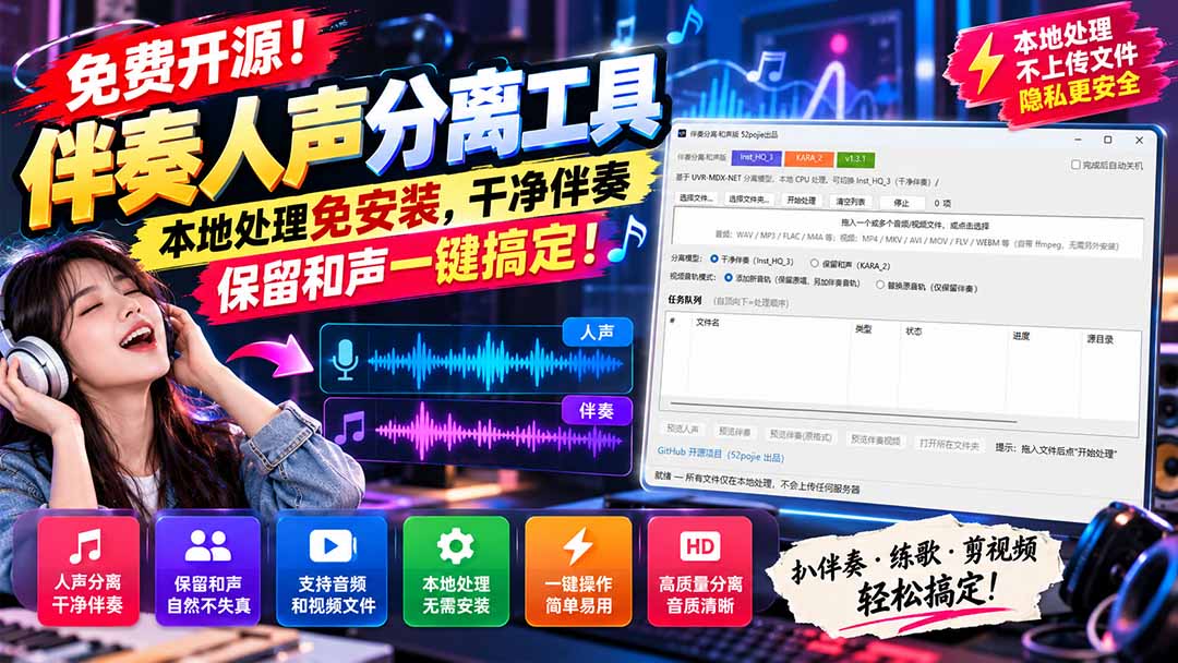 （21198期）免费开源！伴奏人声分离工具，本地处理免安装，干净伴奏，保留和声一键搞定！网创吧-网创项目资源站-副业项目-创业项目-搞钱项目网创吧