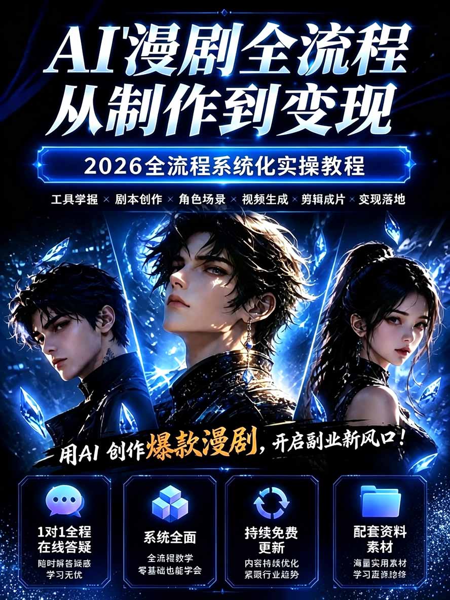 （20906期）【无水印】2026AI漫剧创作与商业变现掘金营：打通选题→AI编剧→角色场景→自动分镜→视频生成→剪辑发布→运营变现网创吧-网创项目资源站-副业项目-创业项目-搞钱项目网创吧