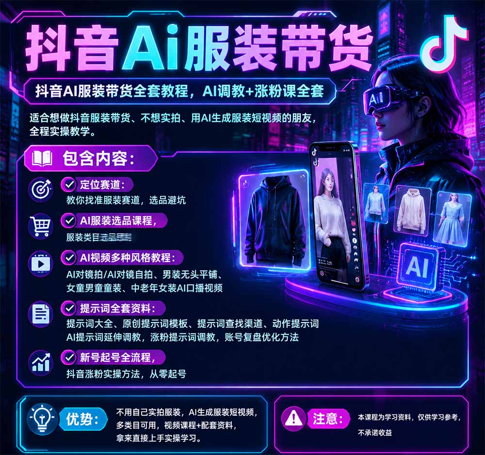 （20960期）不用真人出镜的抖音AI服装带货课：AI对镜自拍、童装男装女装视频制作、起号涨粉，附提示词大全与调教模板