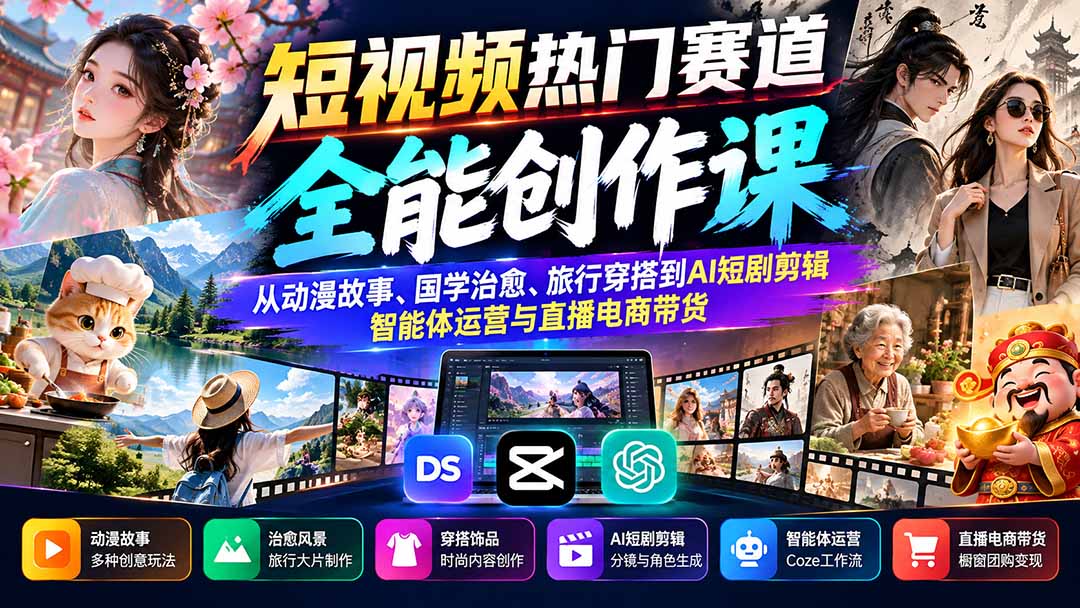 (20956期)短视频热门赛道全能创作课:从动漫故事、国学治愈、旅行穿搭到AI短剧剪辑、智能体运营与直播电商带货网创吧-网创项目资源站-副业项目-创业项目-搞钱项目网创吧