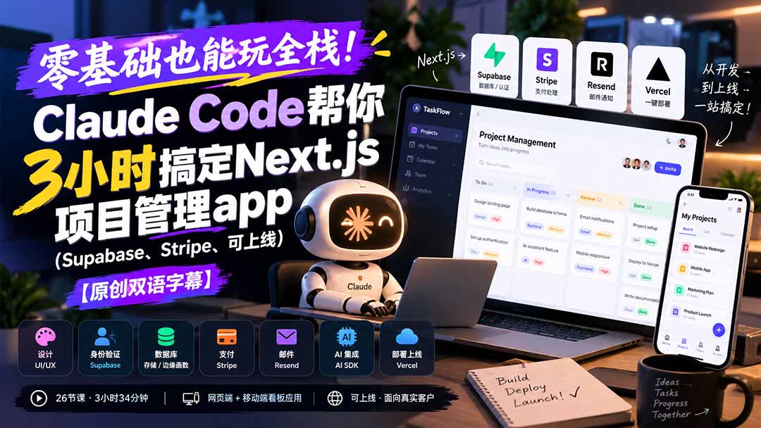 (20907期)零基础也能玩全栈!Claude Code帮你3小时搞定Next.js项目管理app(Supabase、Stripe、可上线)【原创双语字幕】网创吧-网创项目资源站-副业项目-创业项目-搞钱项目网创吧
