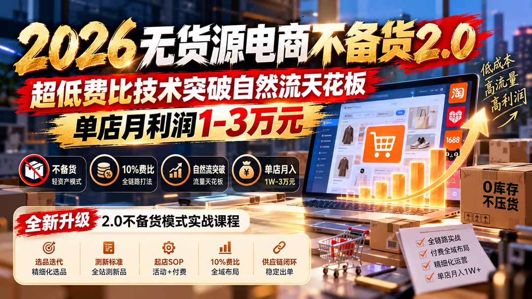 （20896期）2026无货源电商不备货2.0【更新1010】：超低费比技术突破自然流天花板，单店月利润1-3万元网创吧-网创项目资源站-副业项目-创业项目-搞钱项目网创吧