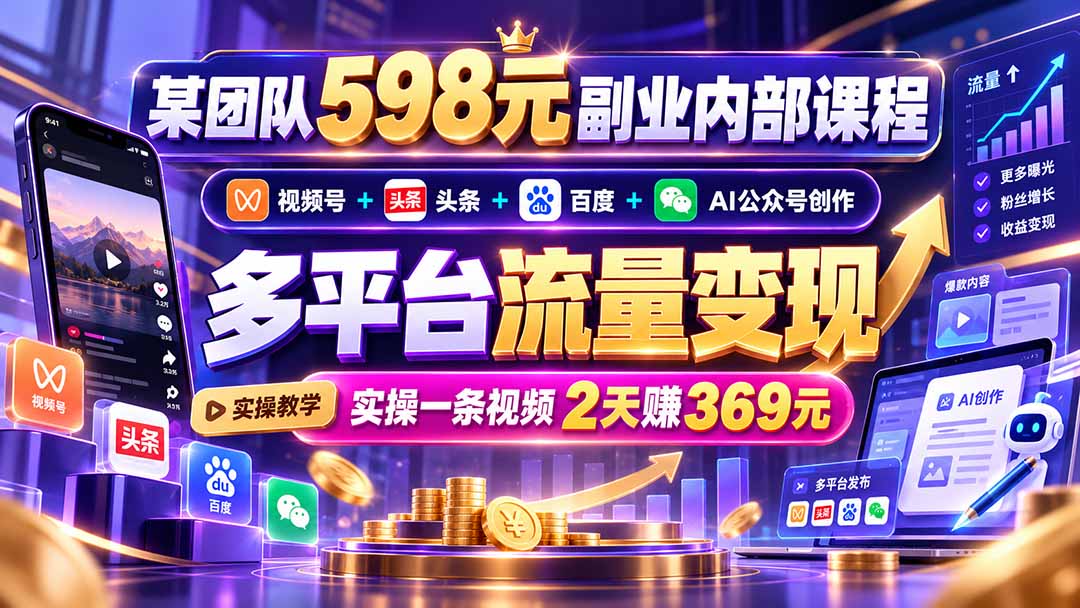 （21238期）某团队598元副业内部课程：视频号+头条+百度+AI公众号创作、多平台流量变现，实操一条视频2天赚369元网创吧-网创项目资源站-副业项目-创业项目-搞钱项目网创吧