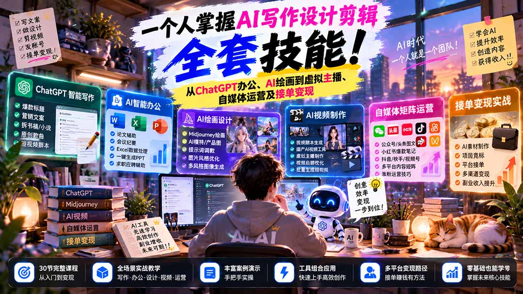 (21029期)一个人掌握AI写作设计剪辑全套技能:从ChatGPT办公、AI绘画到虚拟主播、自媒体运营及接单变现网创吧-网创项目资源站-副业项目-创业项目-搞钱项目网创吧