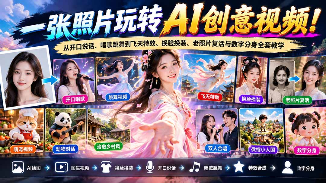 (21202期)一张照片玩转AI创意视频!从开口说话、唱歌跳舞到飞天特效、换脸换装、老照片复活与数字分身全套教学网创吧-网创项目资源站-副业项目-创业项目-搞钱项目网创吧