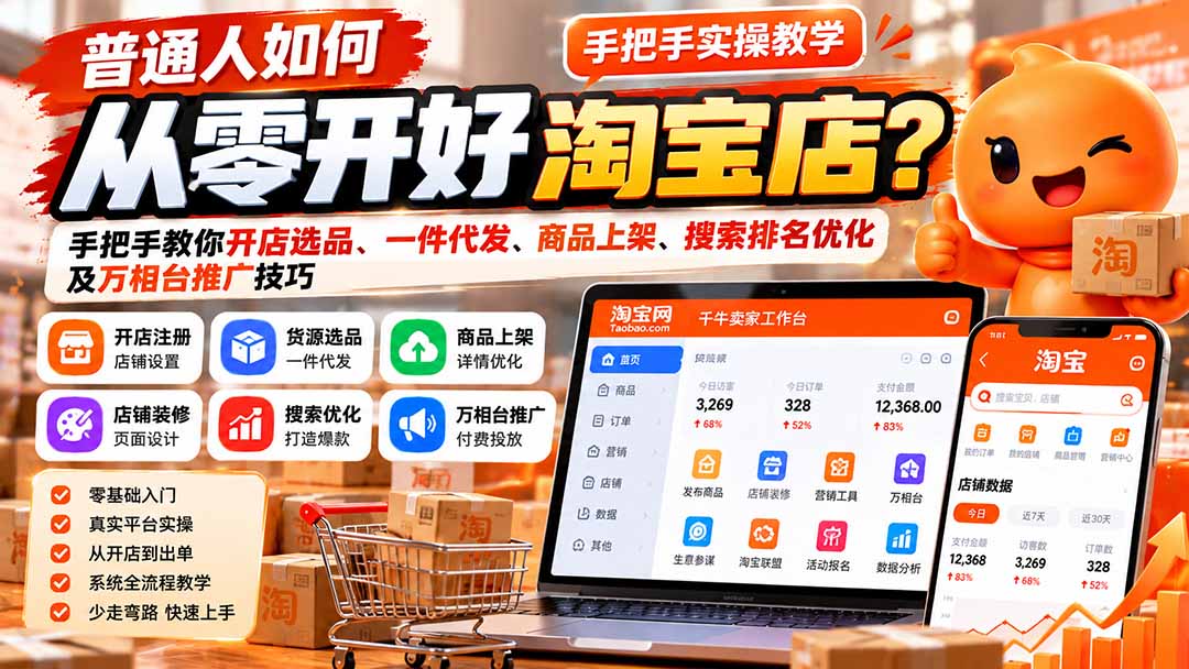 （21265期）普通人如何从零开好淘宝店？手把手教你开店选品、一件代发、商品上架、搜索排名优化及万相台推广技巧网创吧-网创项目资源站-副业项目-创业项目-搞钱项目网创吧